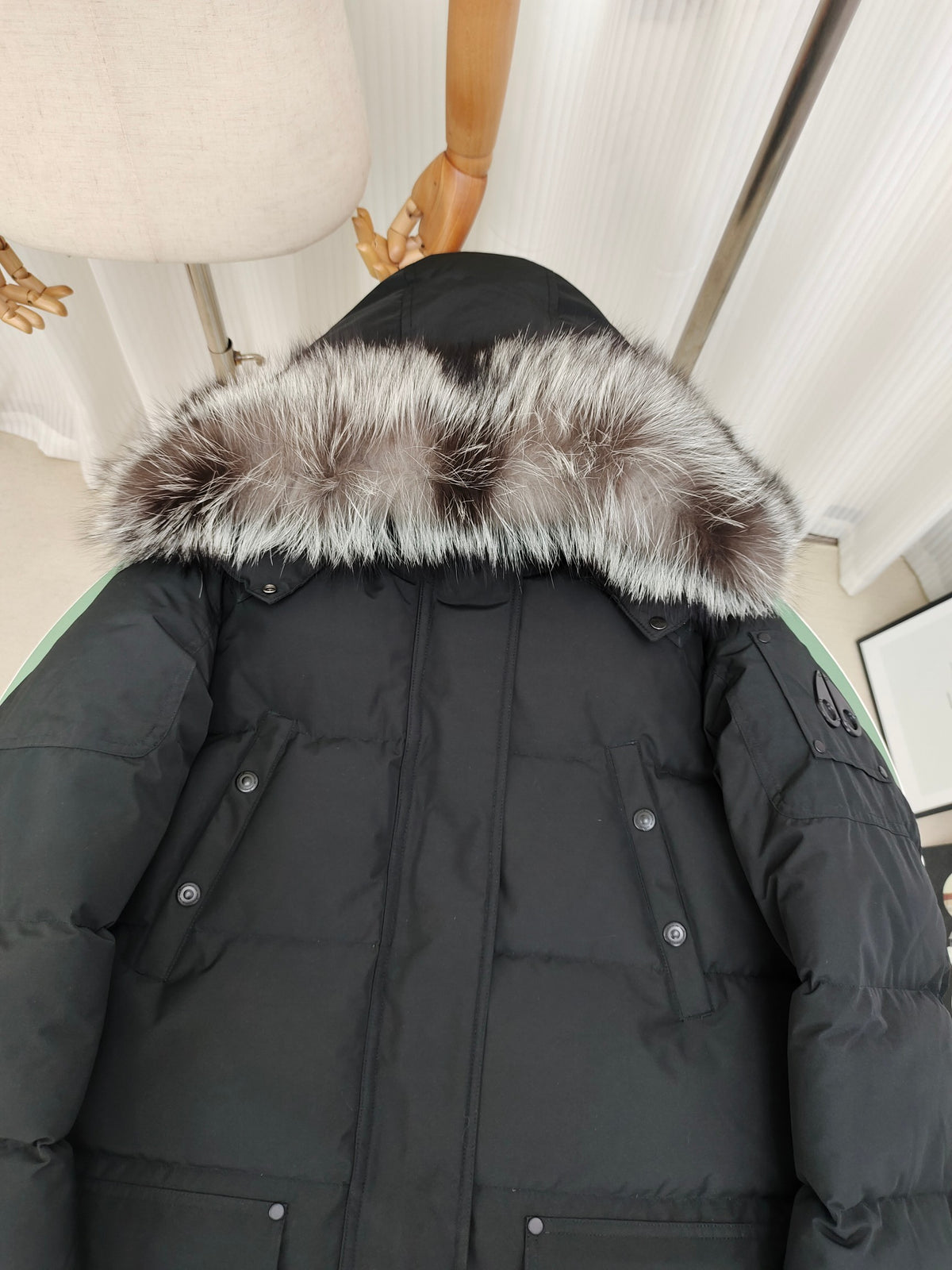 Moose Knuckles Charcoal Gray Fur-Trim Hooded Quilted Parka