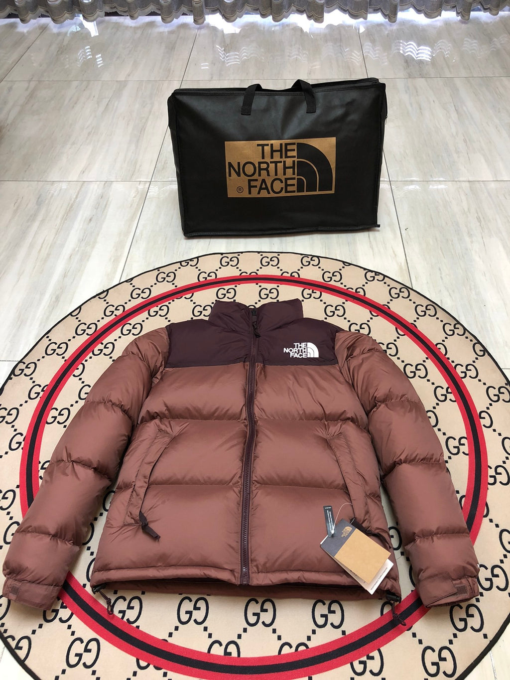 The North Face Brown and Burgundy Color-Block Puffer Jacket