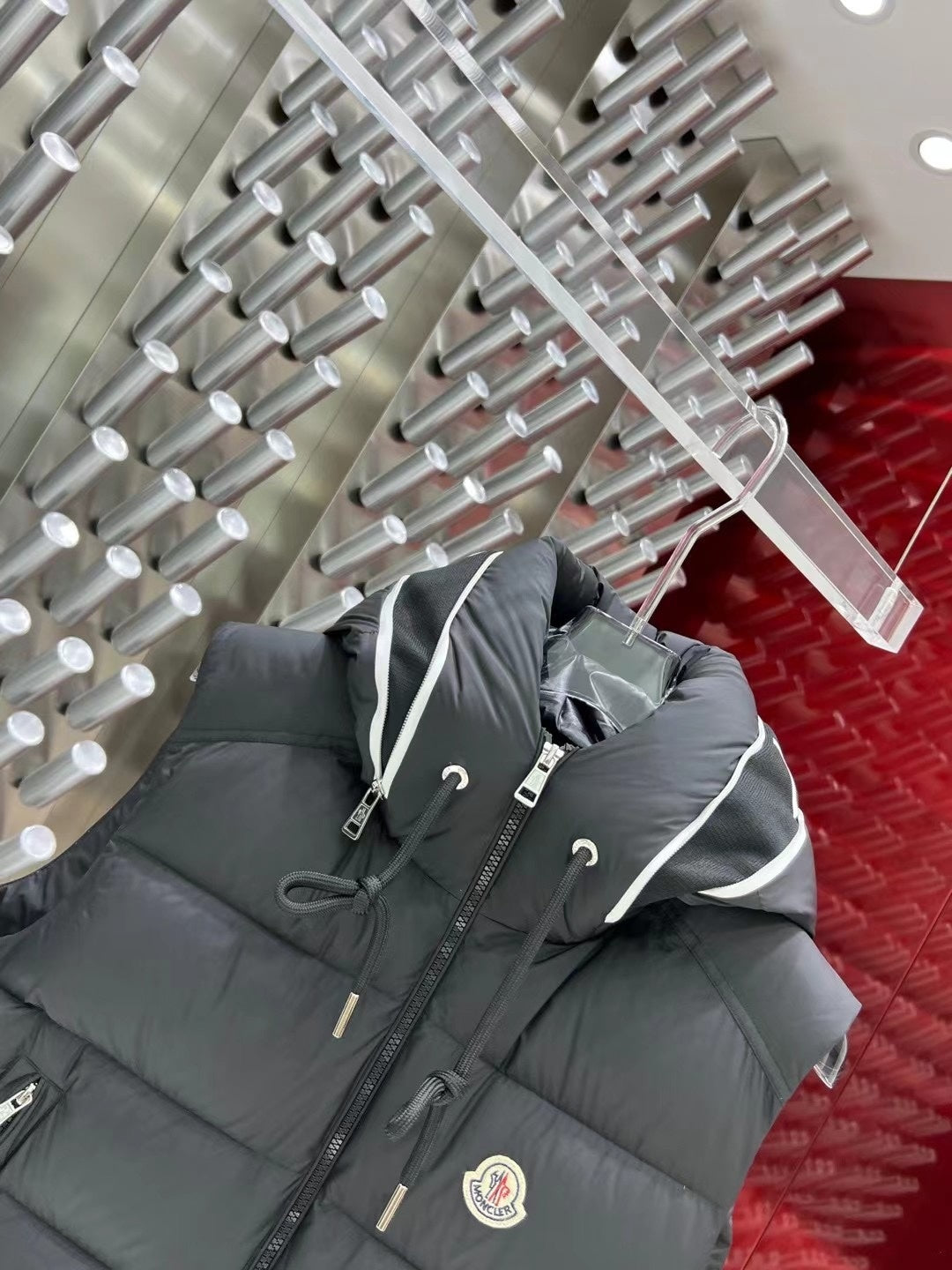Moncler Charcoal Gray Logo-Trim Hooded Puffer Vest