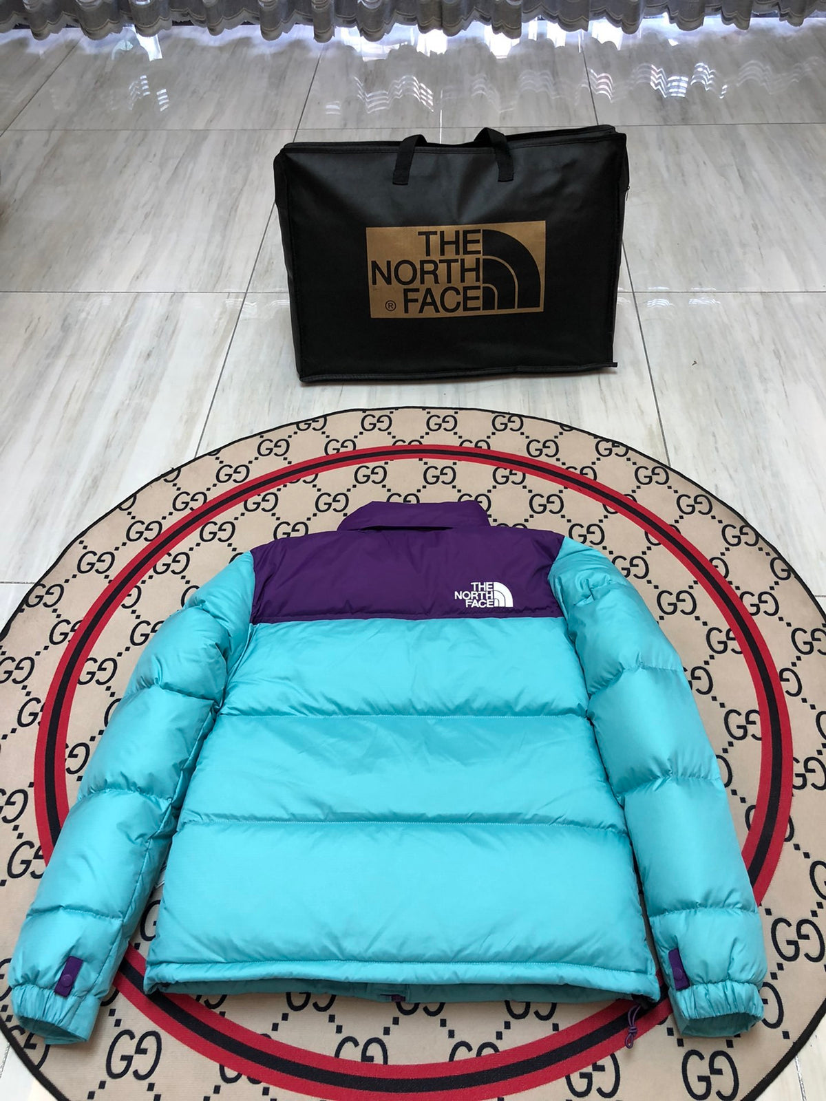 The North Face Turquoise and Purple Color-Block Puffer Jacket