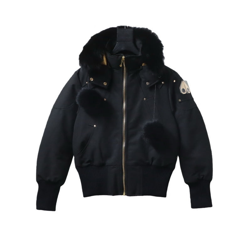 Moose Knuckles Black Gold-Zip Pom-Pom Hooded Bomber Jacket