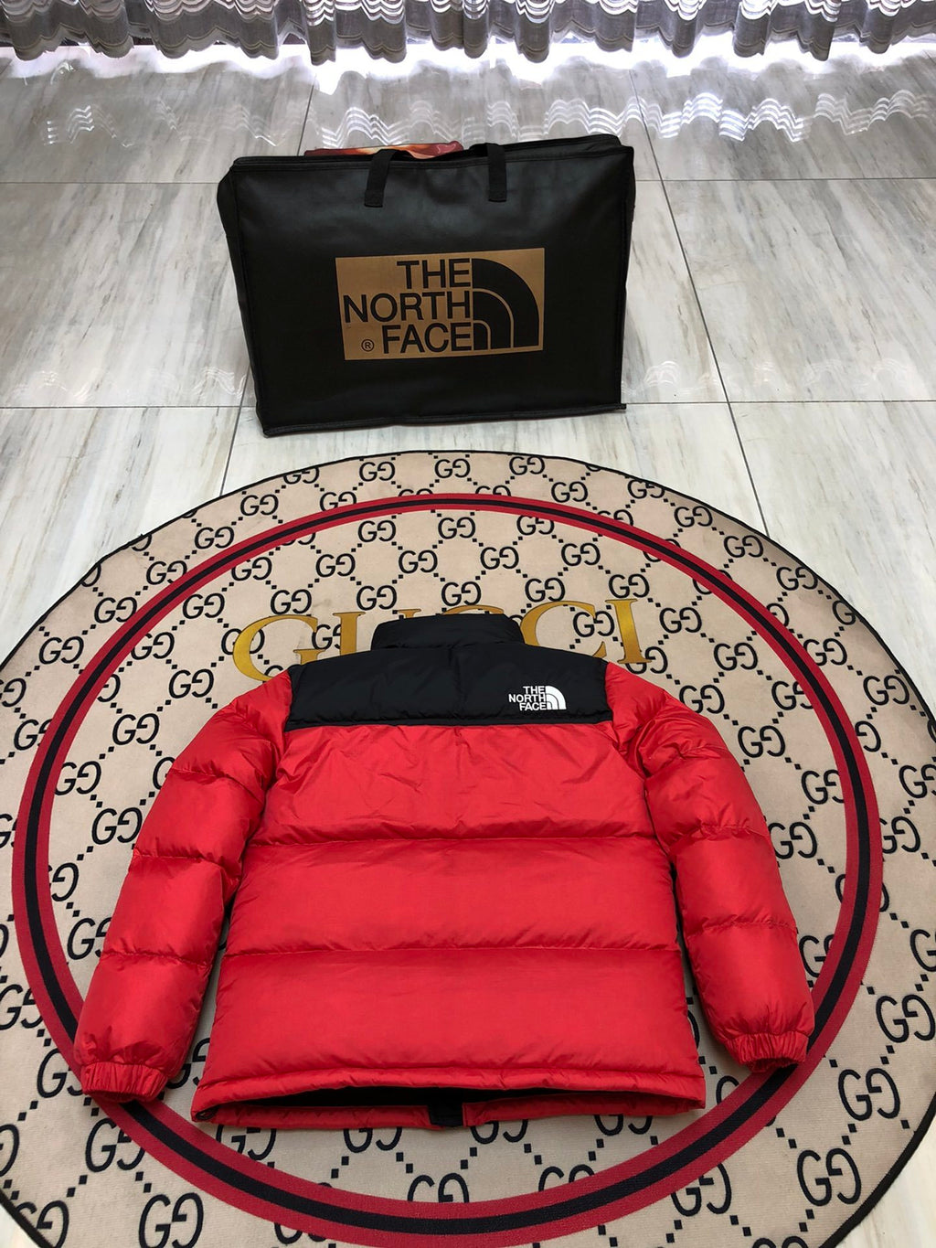 The North Face Red and Black Stand-Collar Puffer Jacket