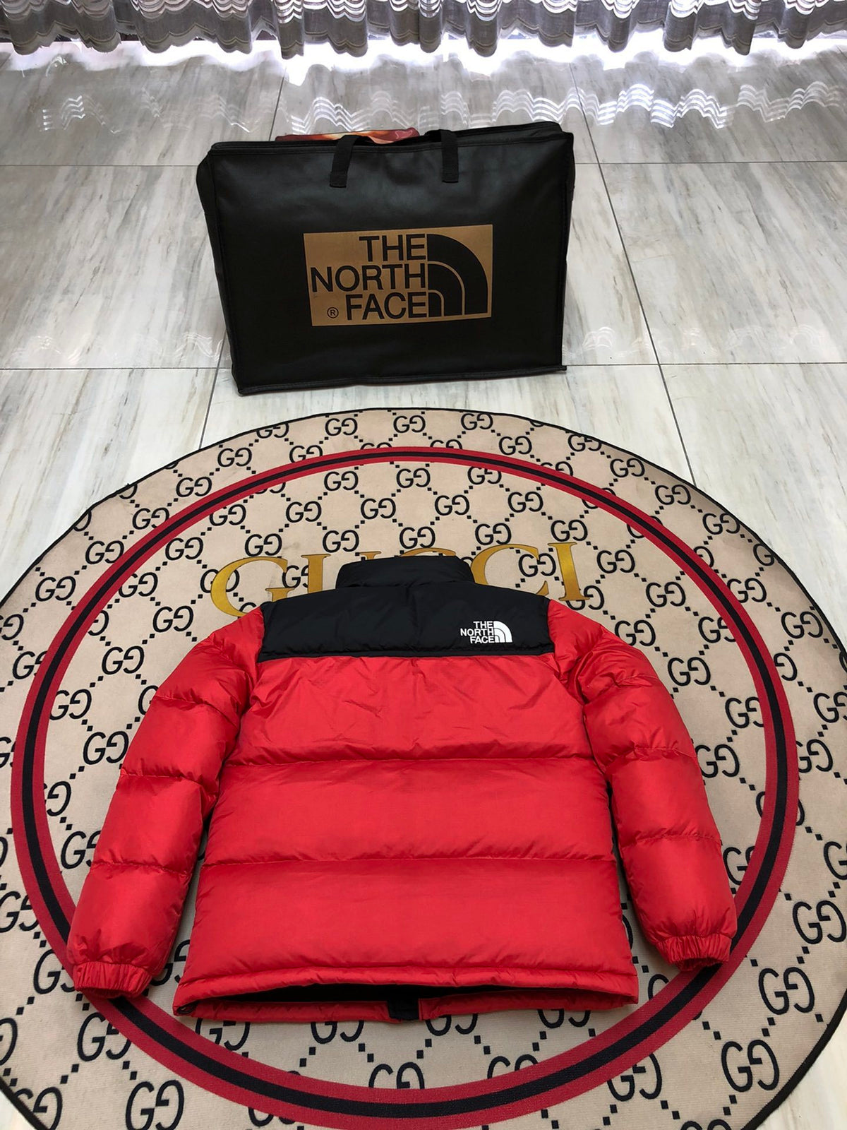 The North Face Red and Black Stand-Collar Puffer Jacket
