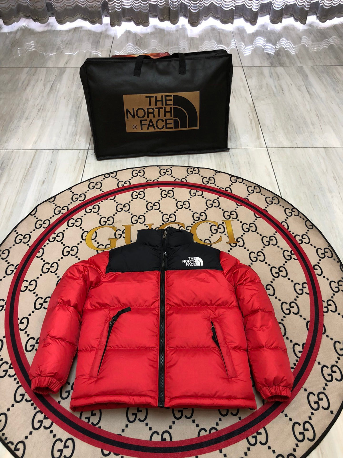 The North Face Red and Black Stand-Collar Puffer Jacket