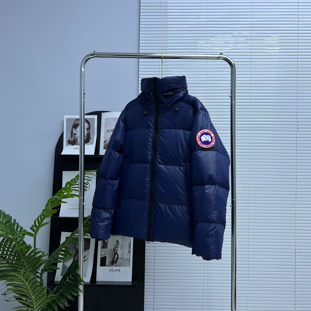 Canada Goose Navy Blue Color-Logo Hooded Quilted Puffer Jacket