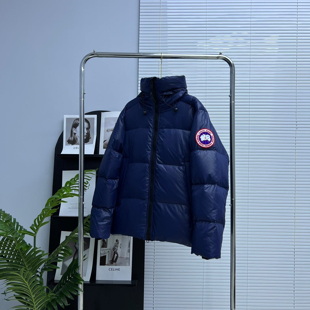 Canada Goose Navy Blue Color-Logo Hooded Quilted Puffer Jacket