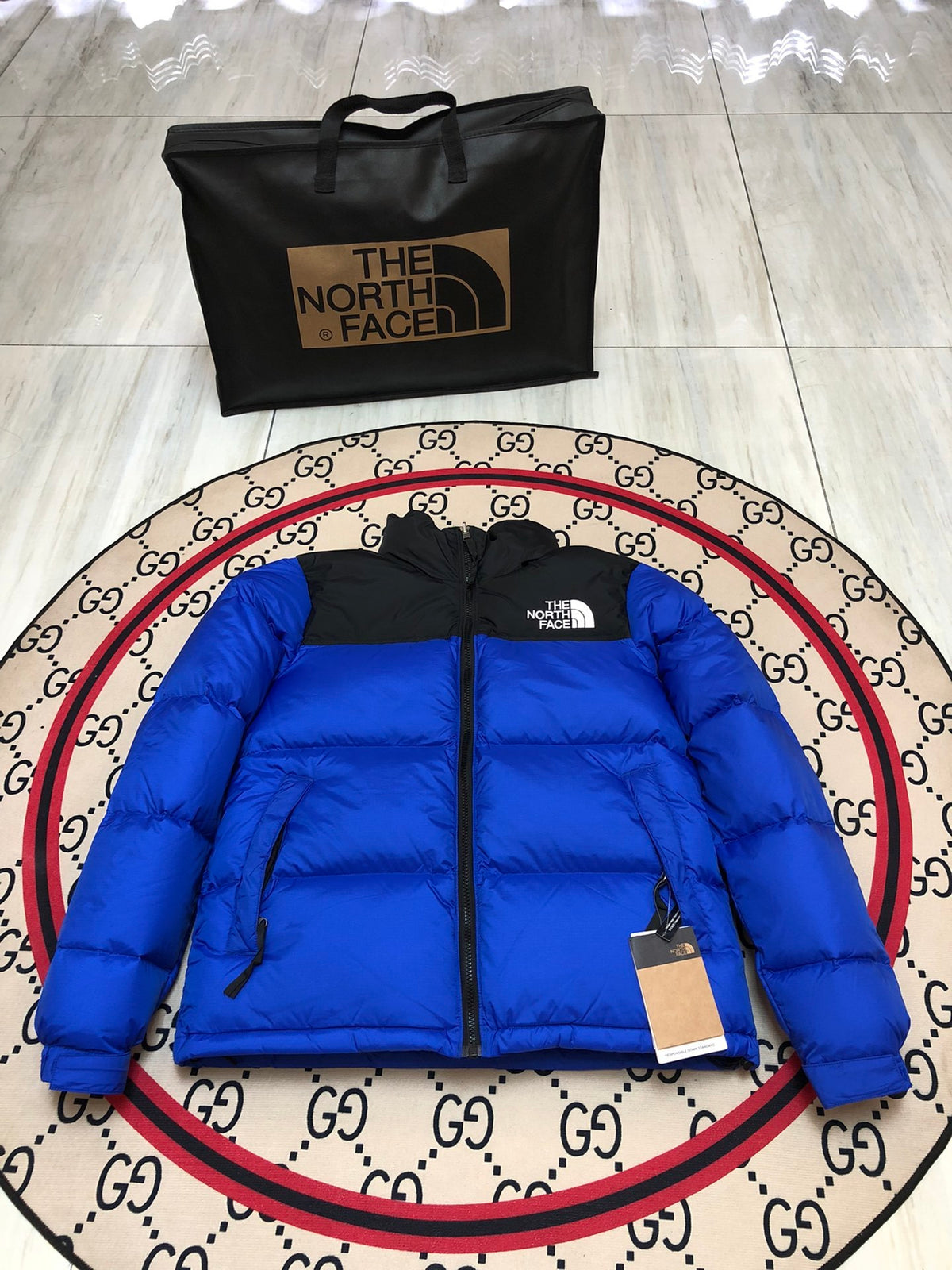 The North Face Royal Blue and Black Color-Block Puffer Jacket