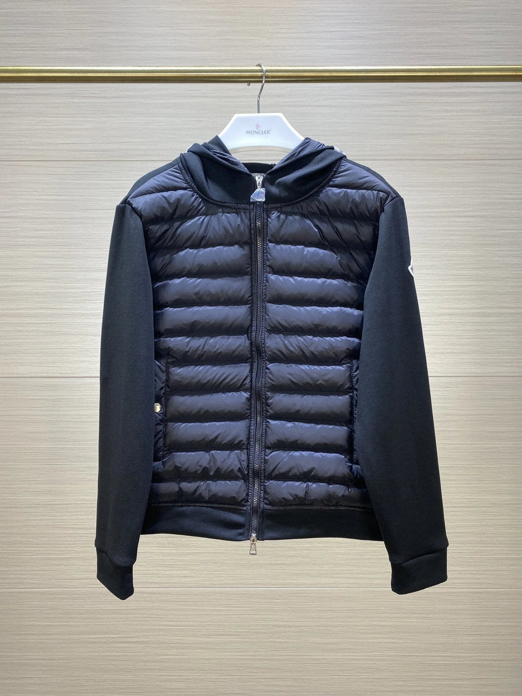 Moncler Black Stripe-Hood Quilted-Front Hybrid Jacket