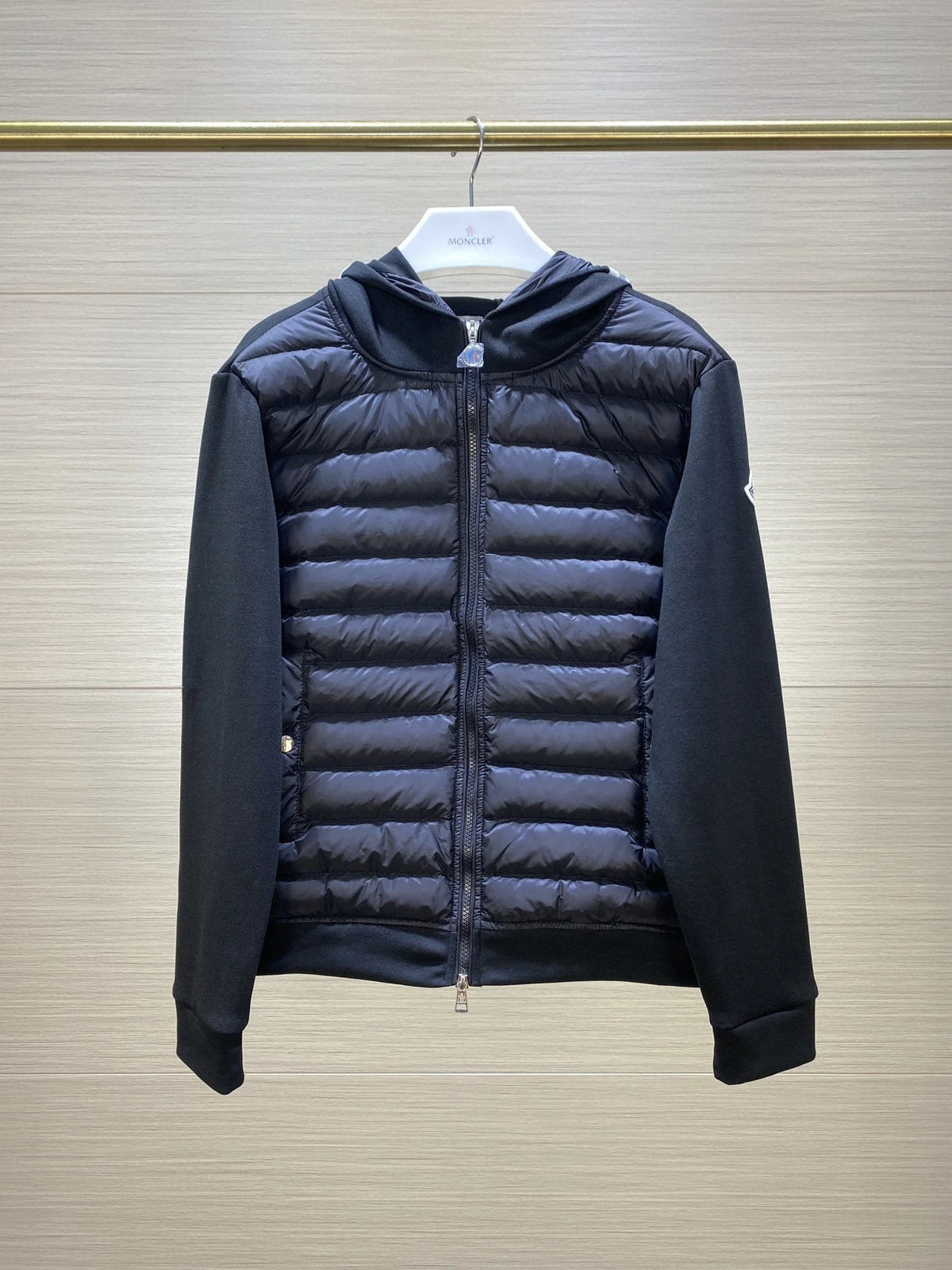 Moncler Black Stripe-Hood Quilted-Front Hybrid Jacket