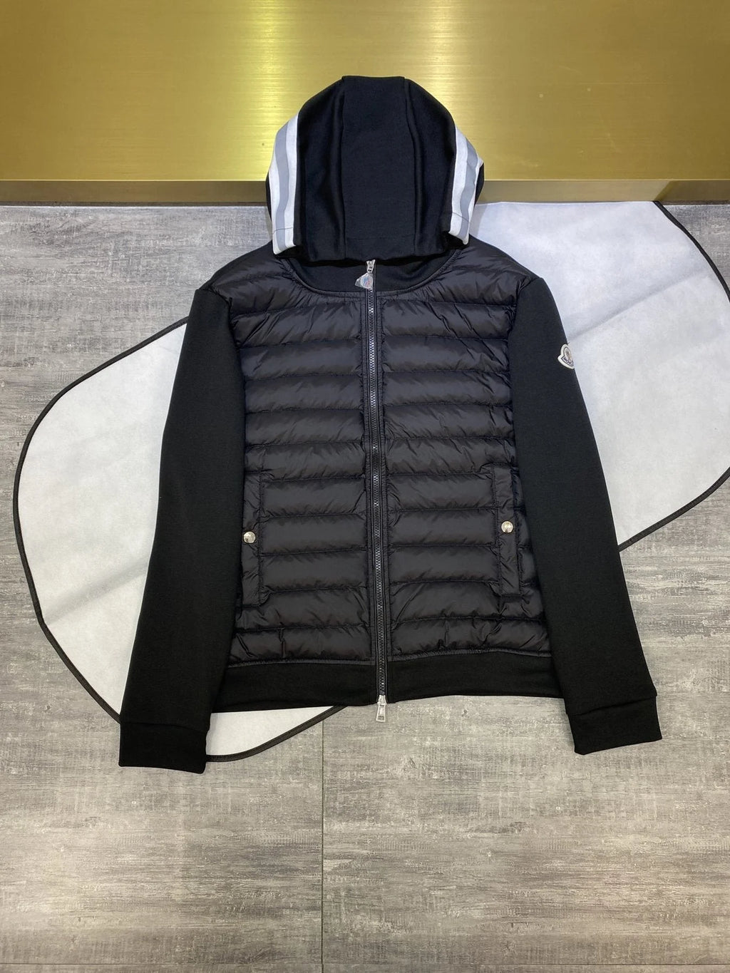 Moncler Black Stripe-Hood Quilted-Front Hybrid Jacket