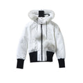 Moose Knuckles White Black-Trim Pom-Pom Hooded Bomber Jacket