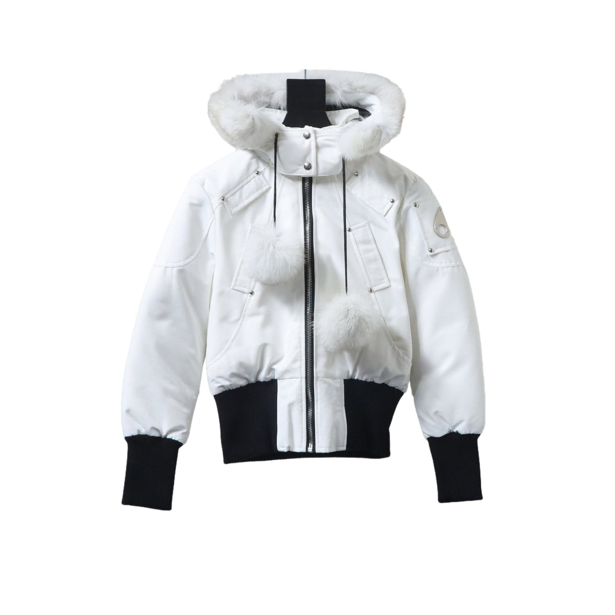 Moose Knuckles White Black-Trim Pom-Pom Hooded Bomber Jacket