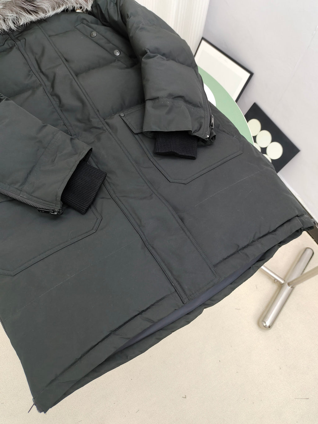 Moose Knuckles Charcoal Gray Fur-Trim Hooded Quilted Parka