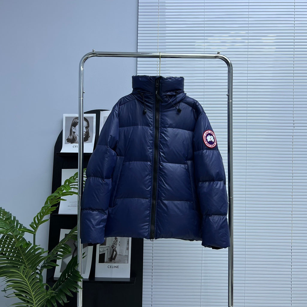 Canada Goose Navy Blue Color-Logo Hooded Quilted Puffer Jacket