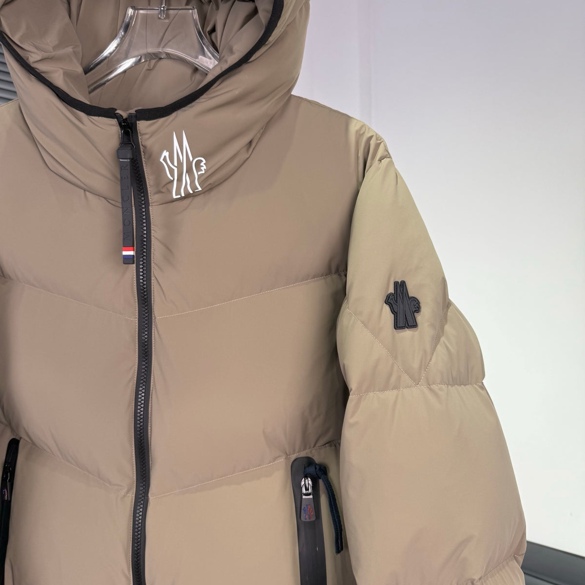 Moncler Khaki Beige Chevron-Quilt Hooded Puffer Jacket