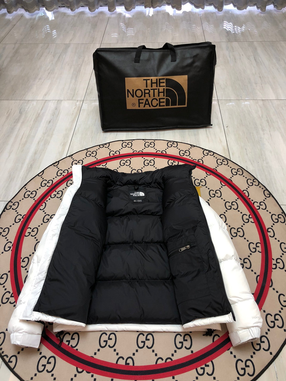 The North Face White and Black Color-Block Puffer Jacket