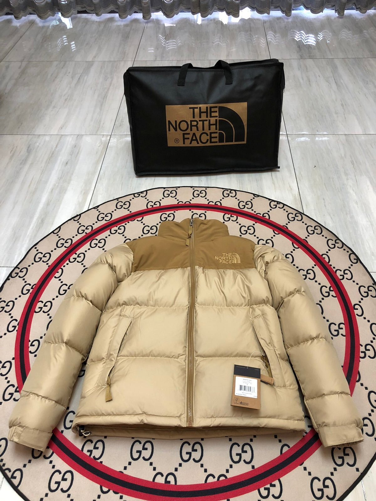 The North Face Beige and Tan Color-Block Puffer Jacket