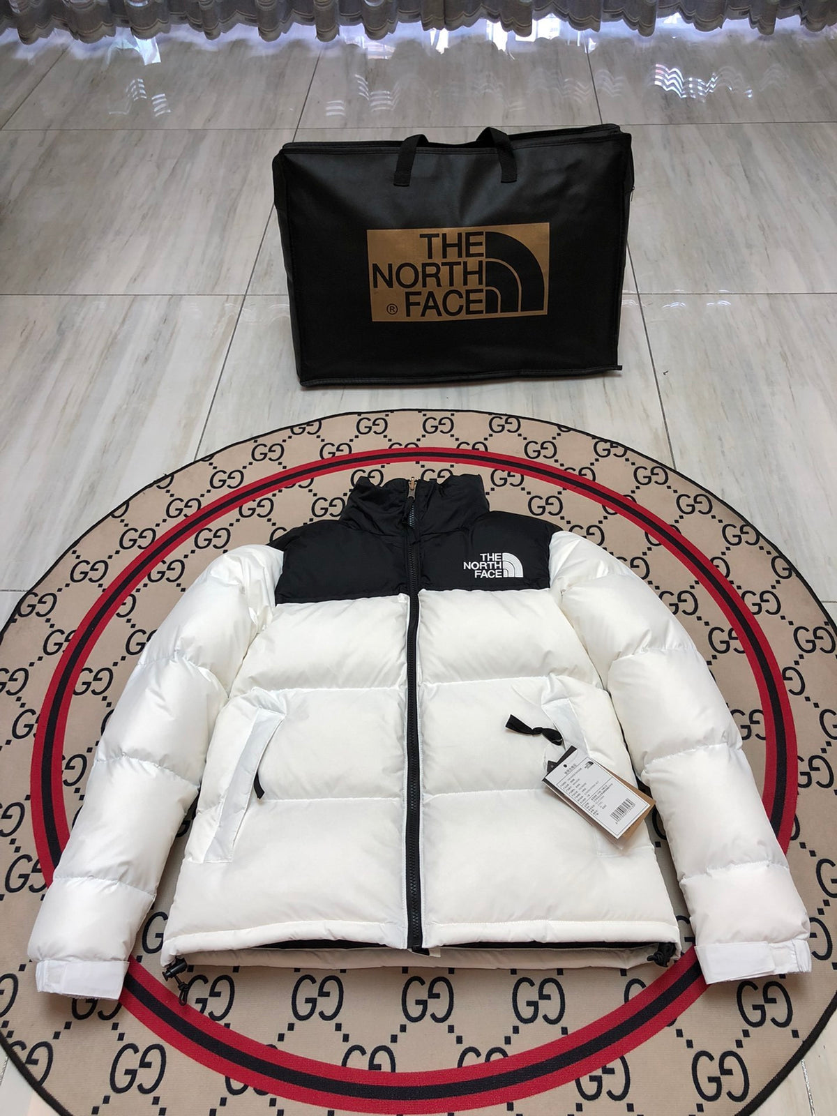 The North Face White and Black Color-Block Puffer Jacket