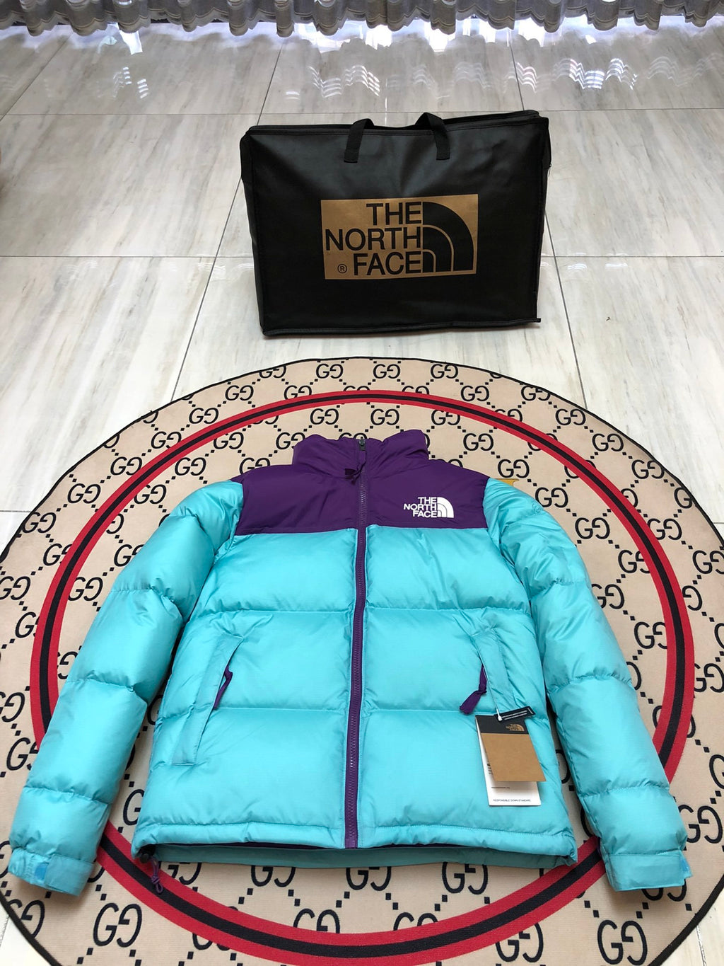 The North Face Turquoise and Purple Color-Block Puffer Jacket
