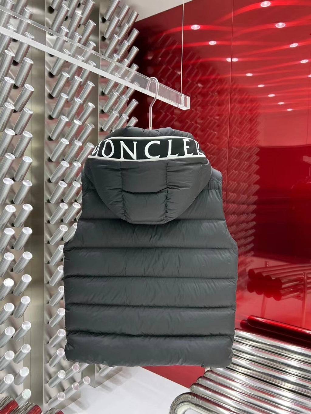 Moncler Charcoal Gray Logo-Trim Hooded Puffer Vest