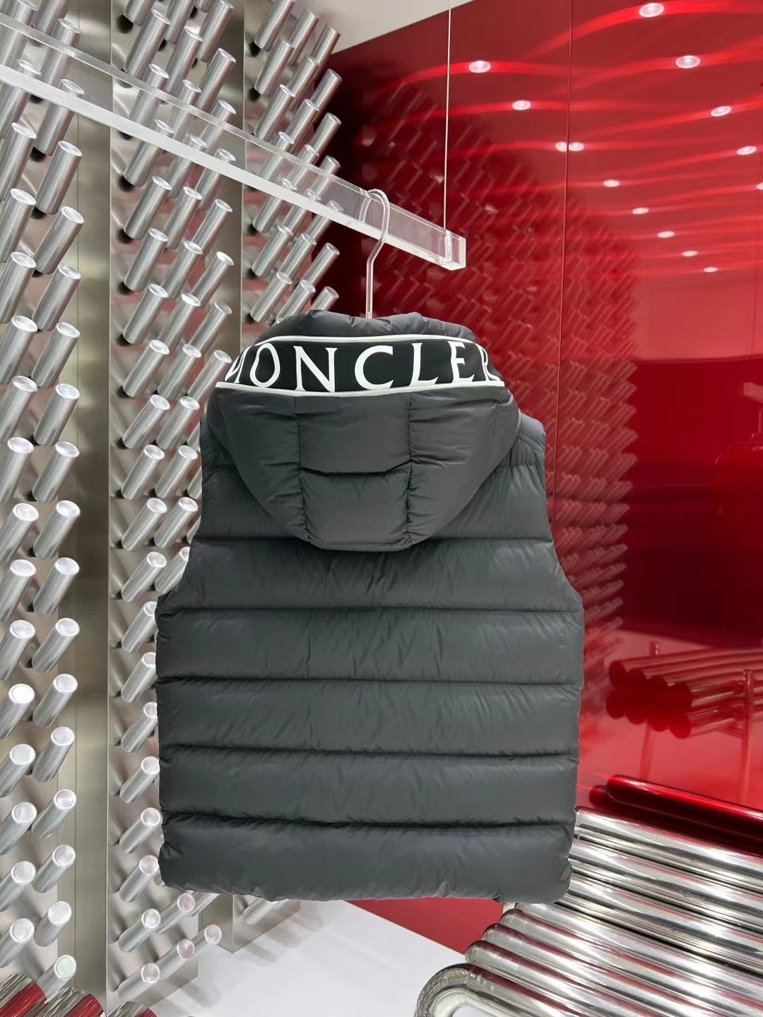Moncler Charcoal Gray Logo-Trim Hooded Puffer Vest