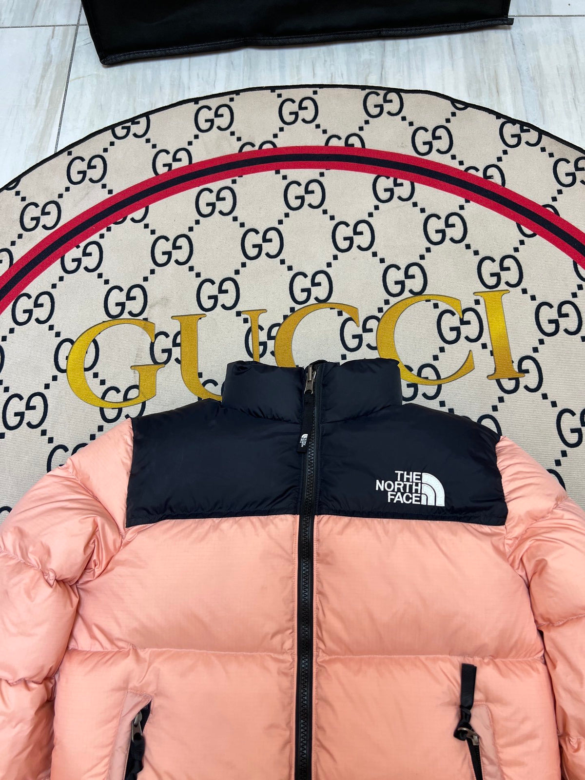 The North Face Peach Pink and Black Color-Block Puffer Jacket