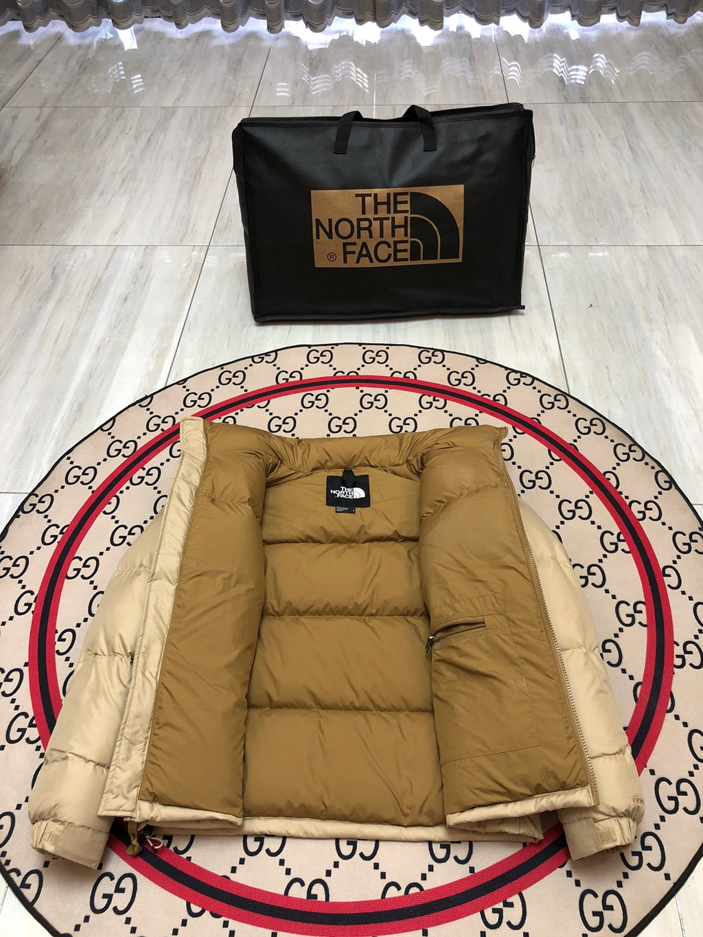 The North Face Beige and Tan Color-Block Puffer Jacket